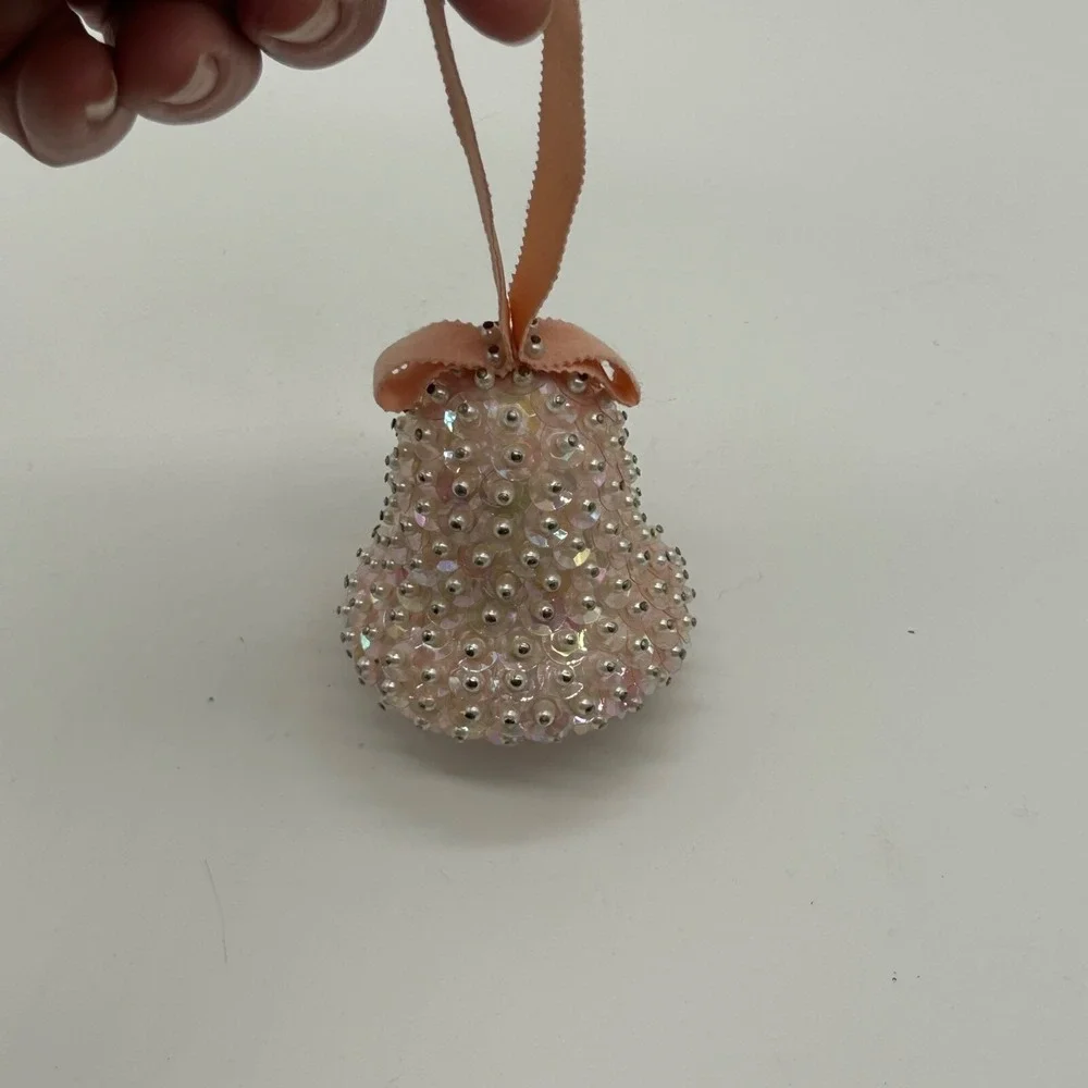 Vintage Beaded Sequins Push Pin Christmas Ornament Pink Bell Purple Ornate Set 2
